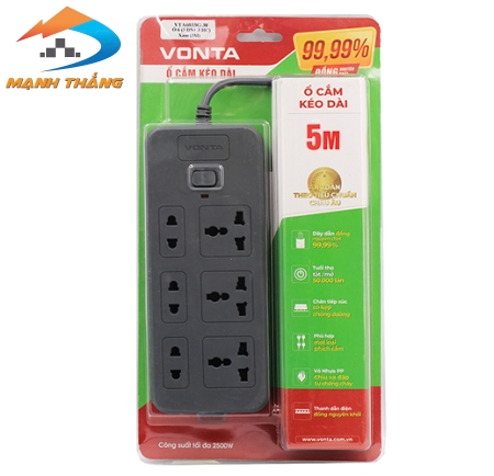 Ổ cắm kéo dài 6 ổ (3 đa năng + 3 hai chấu) màu xám VTA6033B/G-50 (5m)