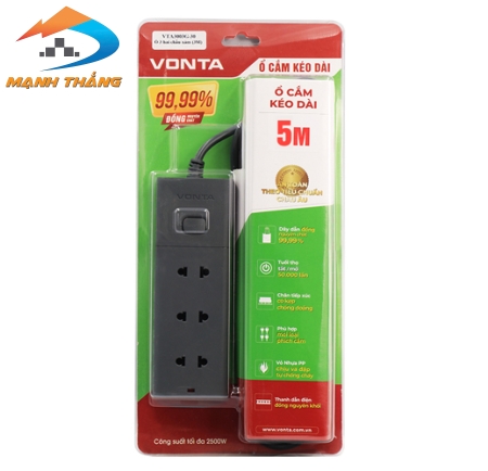 Ổ cắm kéo dài hai chấu màu xám VTA3003B/G-50 (5m)
