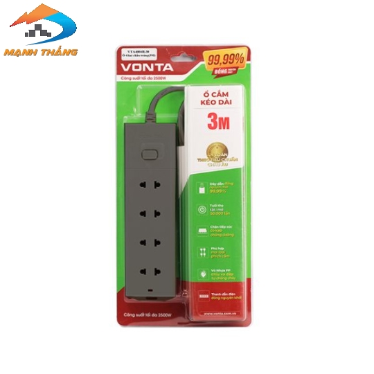 Ổ cắm kéo dài 4 ổ hai chấu màu xám VTA4004B/G-30 (3m)