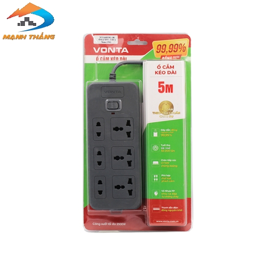Ổ cắm kéo dài 6 ổ (3 đa năng + 3 hai chấu) màu xám VTA6033B/G-50 (5m)