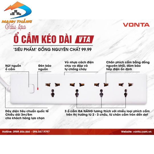 Ổ cắm kéo dài 4 ổ đa năng màu xám VTA4040B/G-50 – (5m)