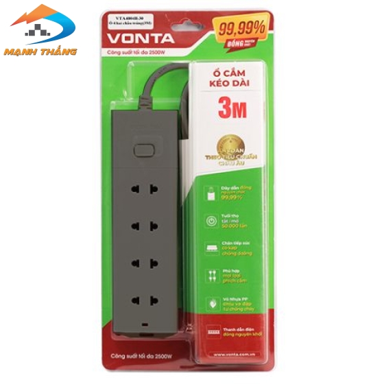 Ổ cắm kéo dài 4 ổ hai chấu màu xám VTA4004B/G-30 (3m)