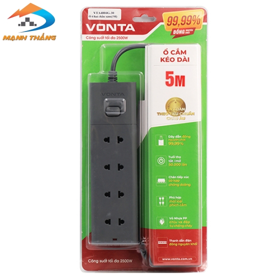 Ổ cắm kéo dài 4 ổ hai chấu màu xám VTA4004B/G-50 (5m)